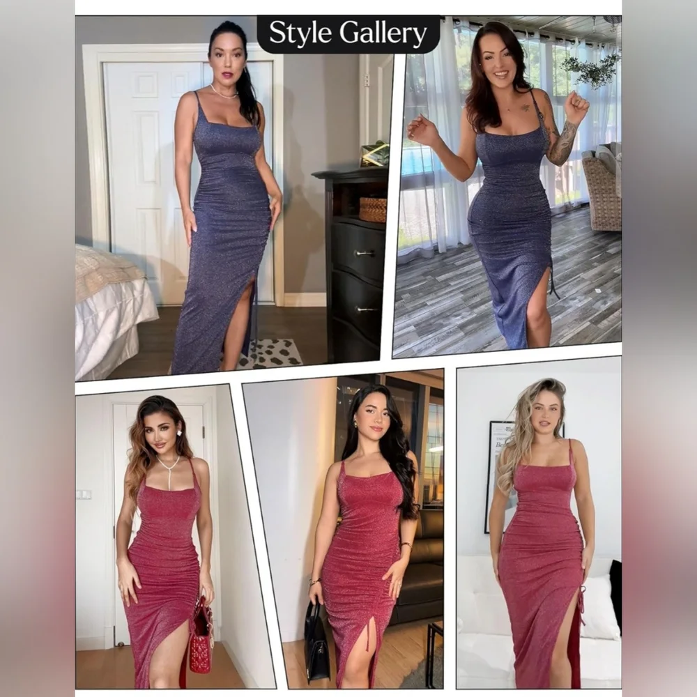 Popilush Women's Black Sparkly Square Neck Ruched Cocktail Midi Dress Size XL - Picture 2 of 13